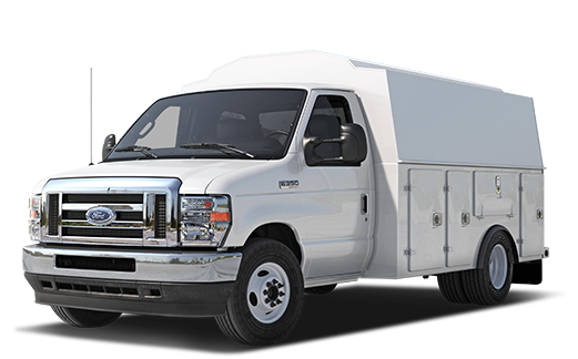 White E-Series Chassis Cab with modified body and ladder rack.